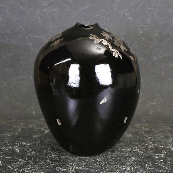 真作】【WISH】吉川水城「黒釉 枝垂桜文 扁壷」益子焼 共箱 高さ29.5cm