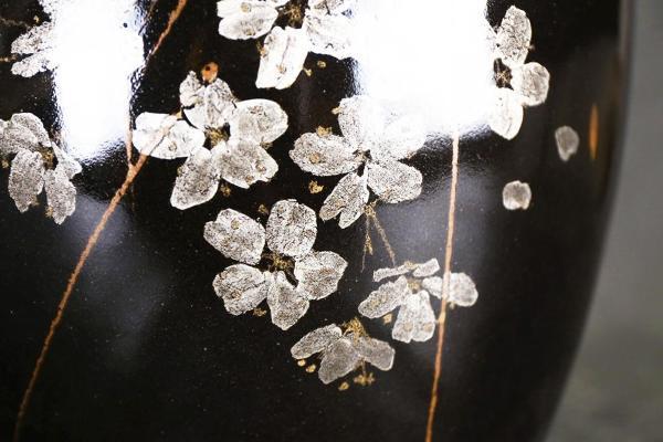 真作】【WISH】吉川水城「黒釉 枝垂桜文 扁壷」益子焼 共箱 高さ29.5cm