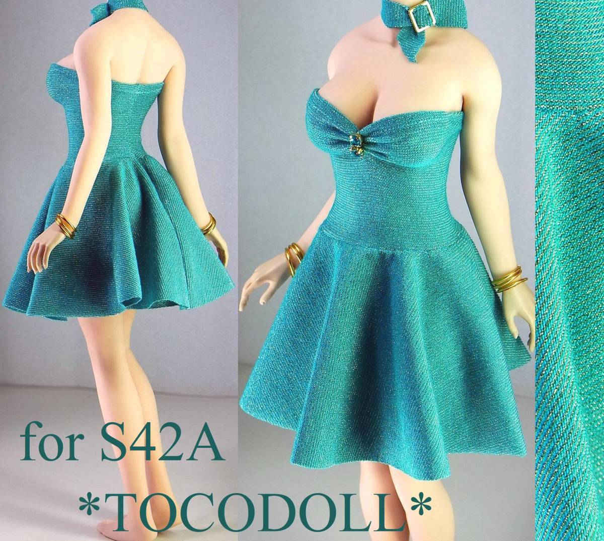S42 toco＊Phicen&frasl;TBLeague用 フレアワンピースセット アームカバー付 ＊toco＊Phicen&frasl;TBLeague用 toco＊Phicen\u2044TBLeague用 ＊toco 1枚で決まる Vネックフレアワンピース(2colors)（白・黒）春⁄夏 フレアミニワンピース ノーフリル アーム レース S24 S07 フリルフィット