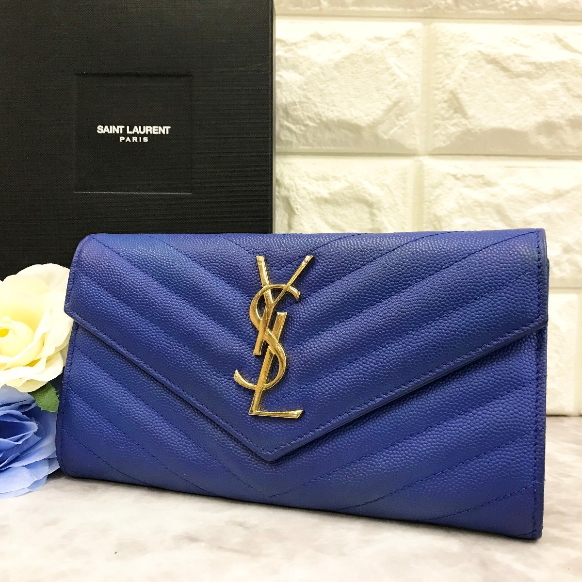 美品】サンローラン Saint Laurent 財布 長財布 キルティング ブルー 