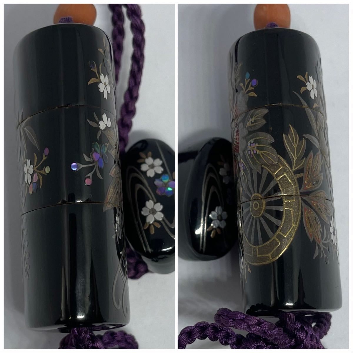 秀逸作！ 松寿 豆 姫 印籠 螺鈿象嵌 黑漆花草蒔絵 木彫印籠 赤珊瑚 緒