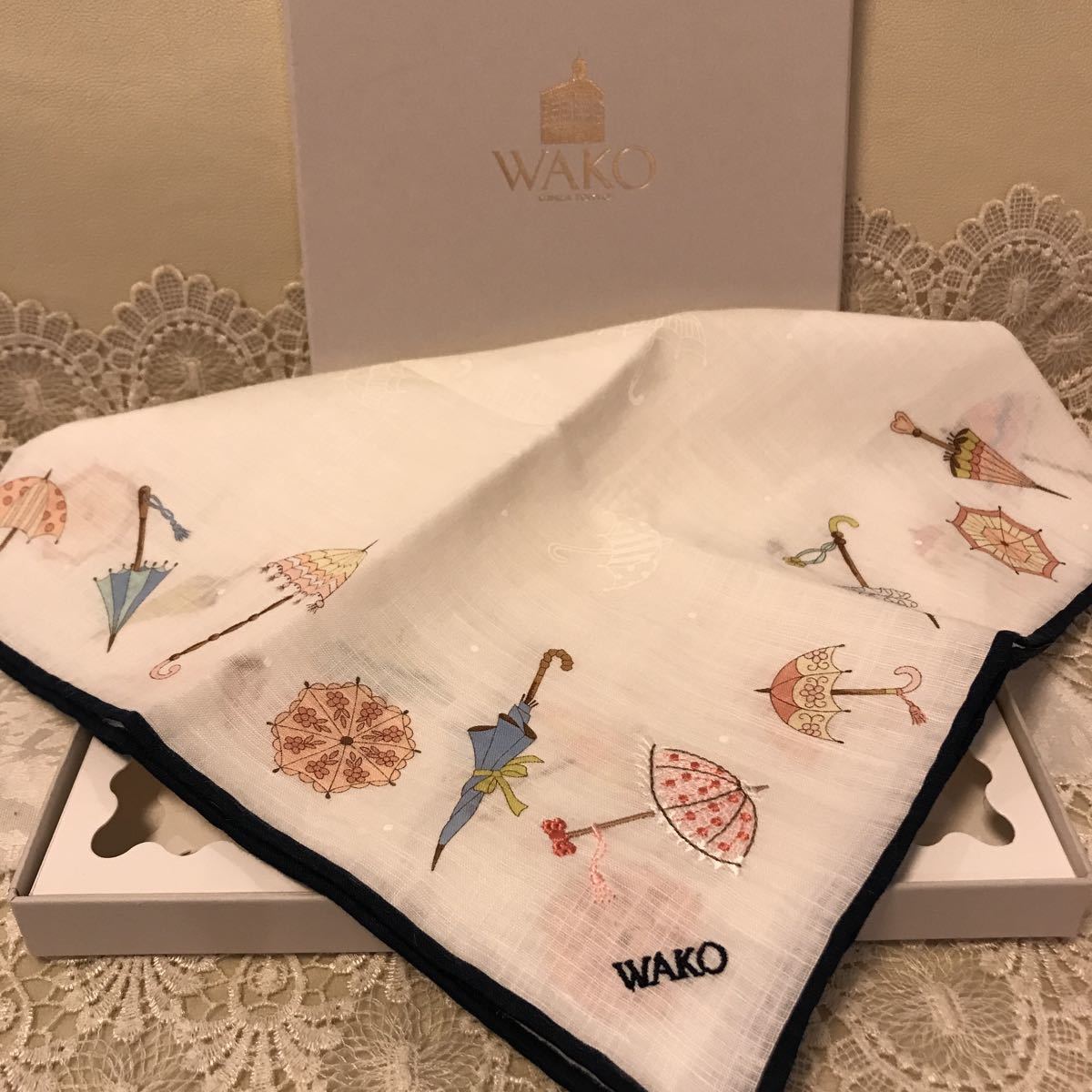 銀座和光 WAKO 和光 麻 刺繍 ハンカチ 未使用 WAKO ハンカチ 刺繍 箱