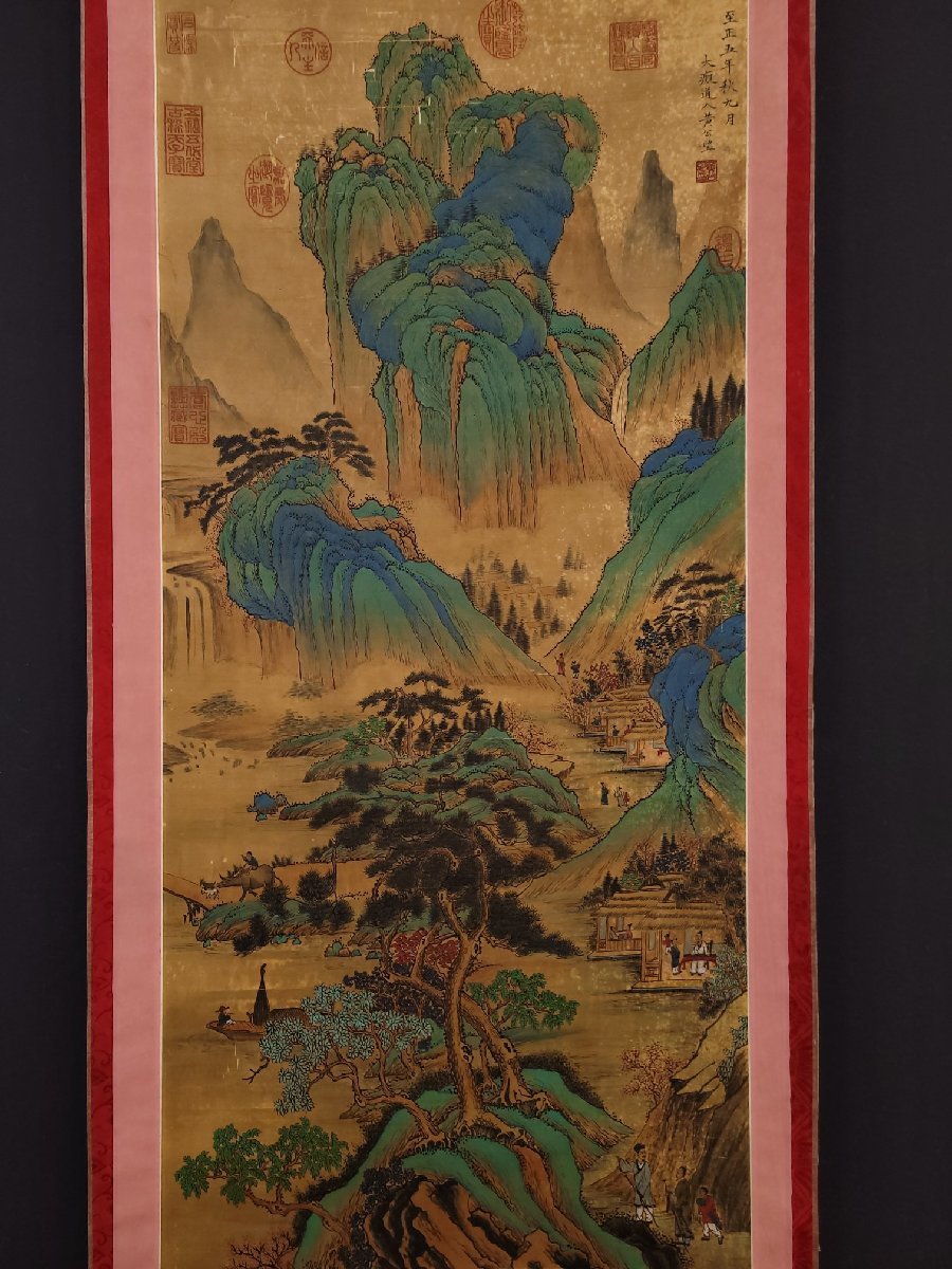 □大成古美術□【黄公望書 絹本 青山緑水人物図】 （検）真作 肉筆保証