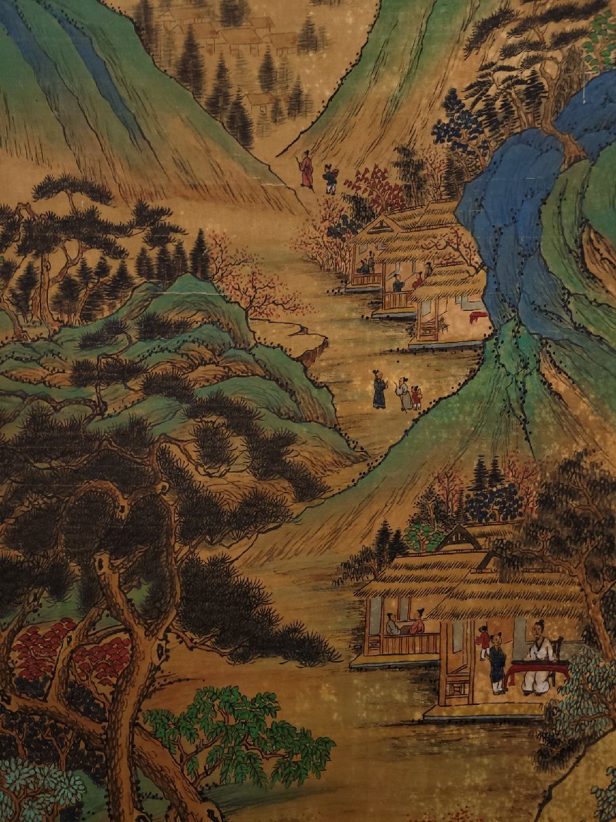 □大成古美術□【黄公望書 絹本 青山緑水人物図】 （検）真作 肉筆保証