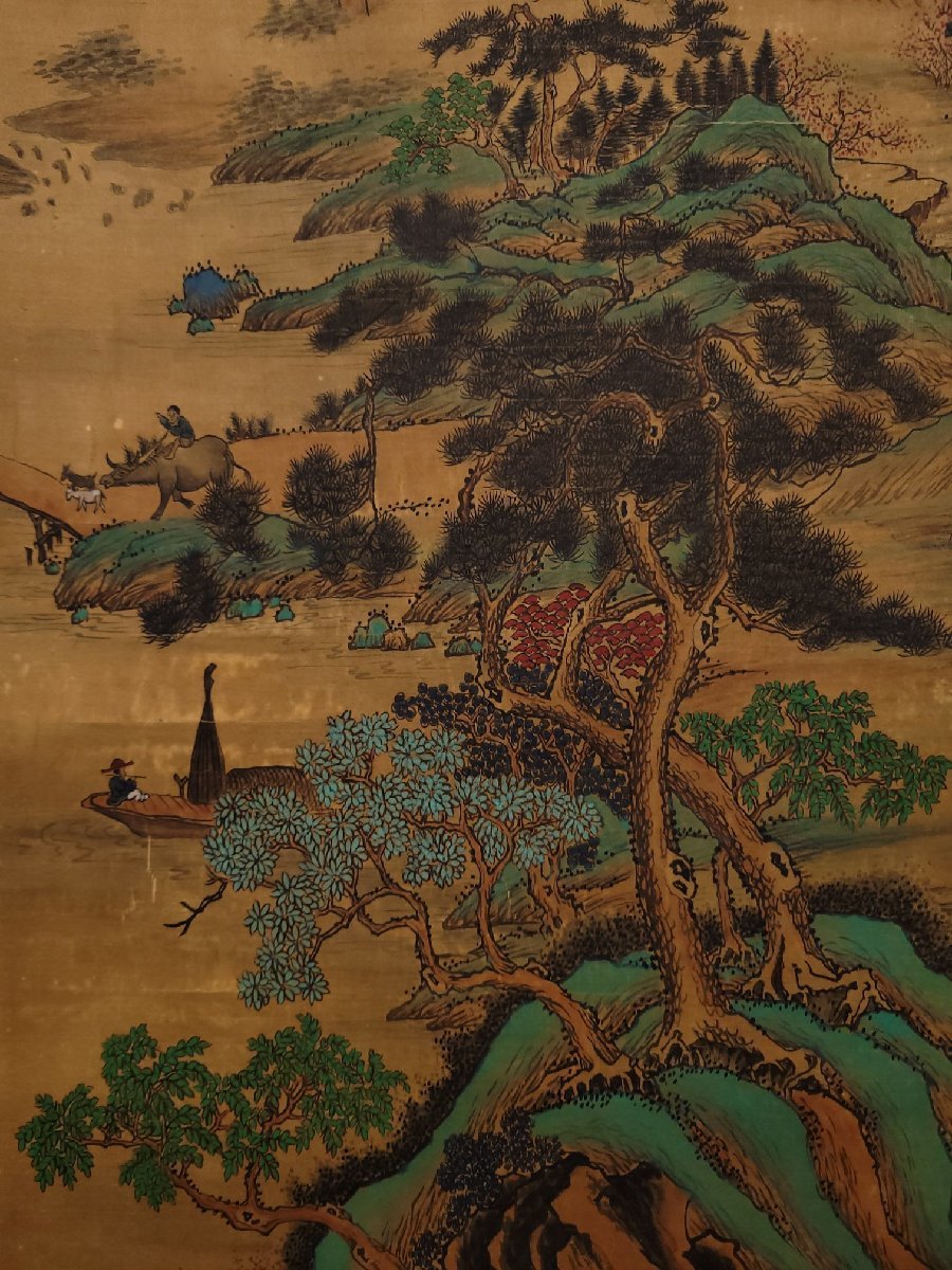 □大成古美術□【黄公望書 絹本 青山緑水人物図】 （検）真作 肉筆保証