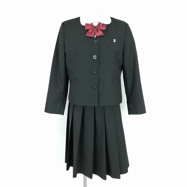 1円 イートン ベスト チェックスカート リボン 等 上下5点セット 指定 大きいサイズ 冬物 長袖 女子 熊本菊池高校 黒 中古 ランクC EY6900_1