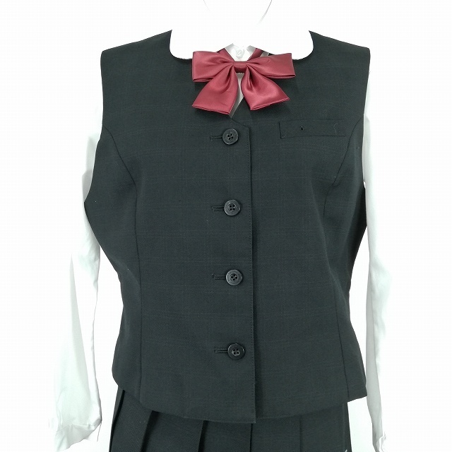 1円 イートン ベスト チェックスカート リボン 等 上下5点セット 指定 大きいサイズ 冬物 長袖 女子 熊本菊池高校 黒 中古 ランクC EY6900_7