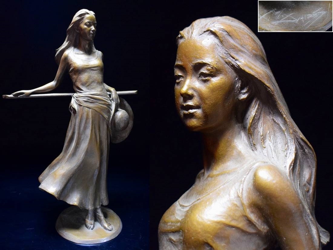 彫刻家【大道寺光弘】ブロンズ銅 美人像『藍色の風』置物 高41.5cm/6.7 