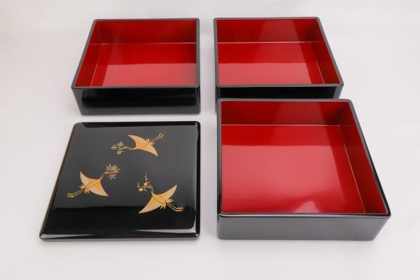 重箱 蒔絵 象彦 鶴 三段 縁起物 おせち 蒔絵重箱 | HG1-0822 台座 正月