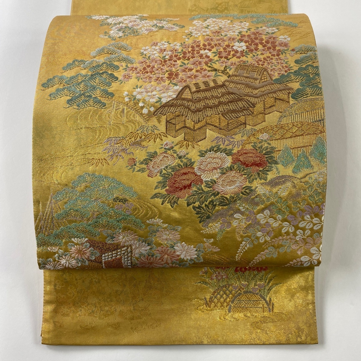 花美人着物□太鼓柄袋帯 刺繍 藤花房 金銀糸 銀通し地 逸品 eee3188