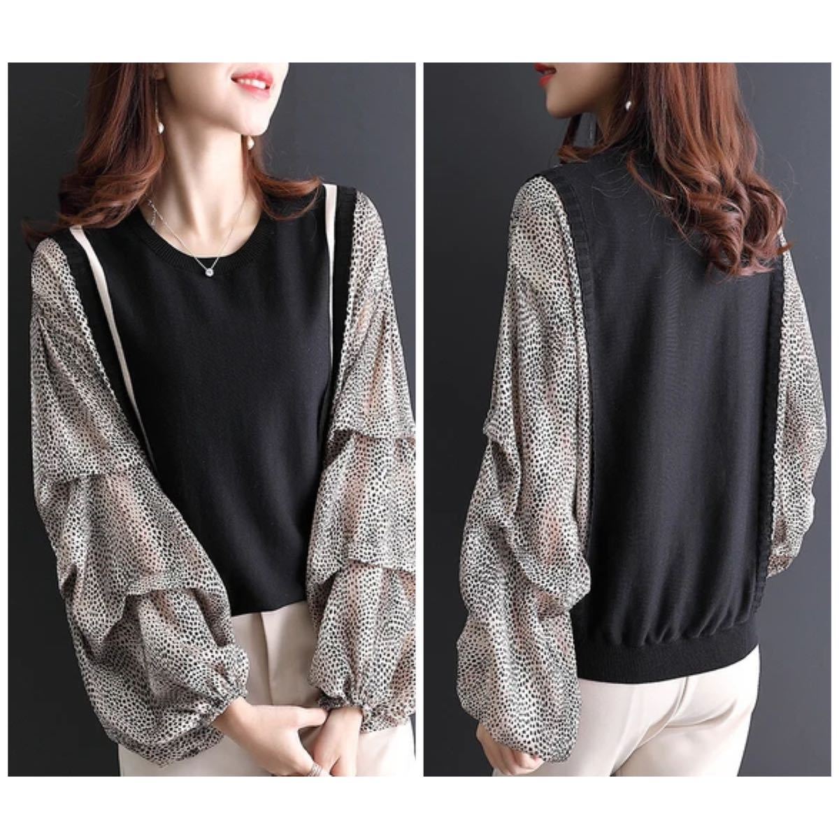 新品未使用 ドッキングブラウス 袖ティアード Hanxiner レイヤード風  