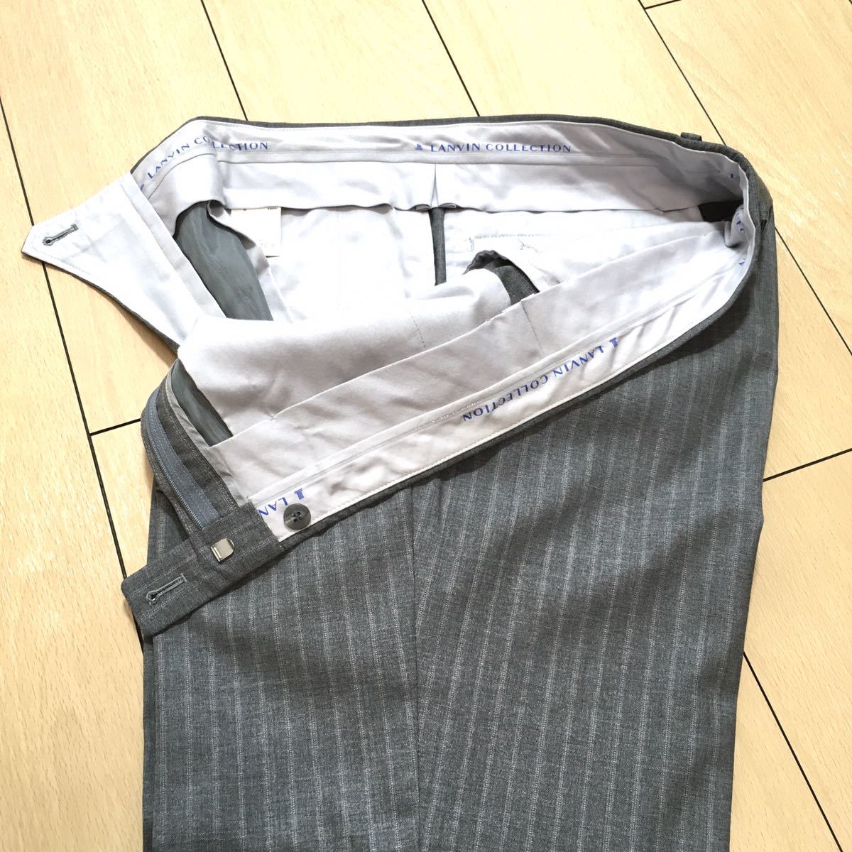 美品★ランバン LANVIN 上質サマーウール 極上の春夏スーツ★グレー ストライプ セットアップスーツ ビジネス 灰 背抜き/L位/A461 極上3ピース☆豪華リバーシブルベスト☆高級ランバンコレクション ランバン LANVIN 「LANVIN&frasl;ランバン」 57.春に◎ 美品