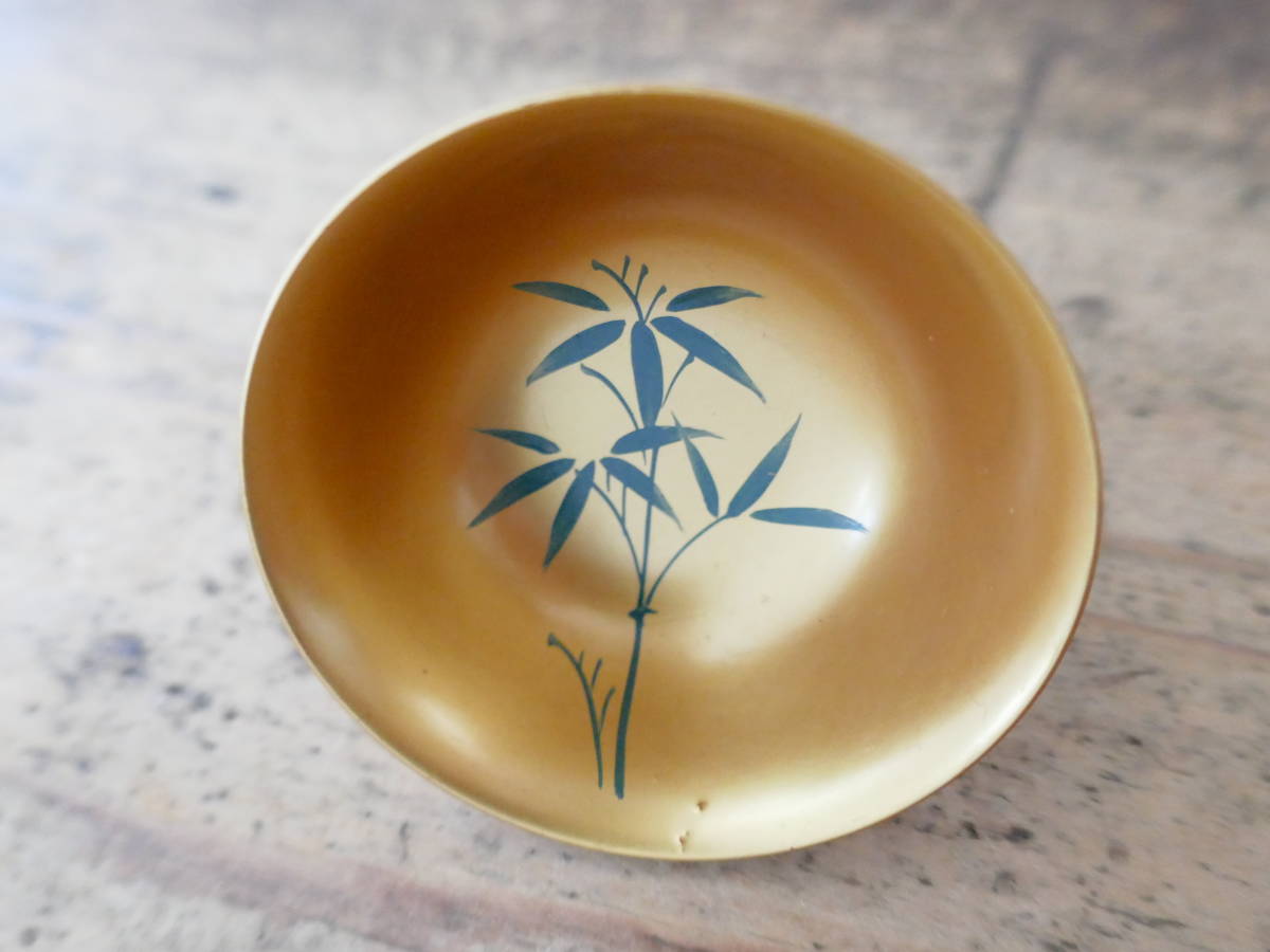4083◎会津塗？ 組盃 松竹梅 / 漆器 3客 天然木 金彩 酒杯 猪口 手描き