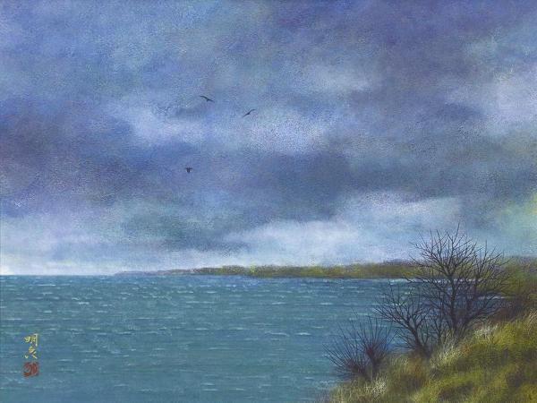 曲子明良 絵画 日本画 「湖北」 風景画 在銘 箱付 希少品 真作】【WISH】曲子明良「湖畔」日本画 10号 金落款 共シール ◇水辺
