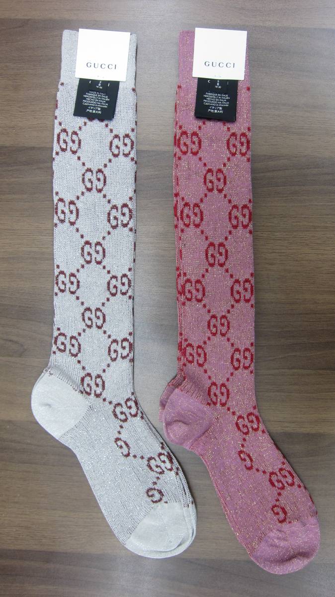 GUCCI グッチ 靴下 S 8 18-20 2足まとめ GG ラメ ピンク シルバー 箱 