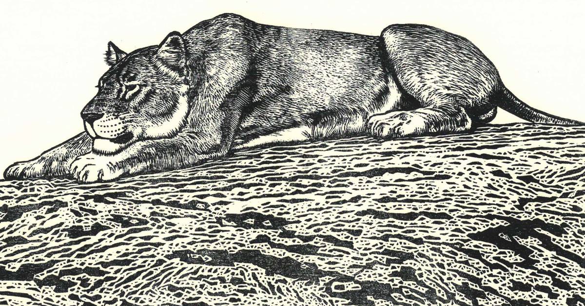 吉田博 木版画 ライオン 黒フレーム　自筆サイン入り 吉田博 木版画 ライオン 黒フレーム自筆サイン入り