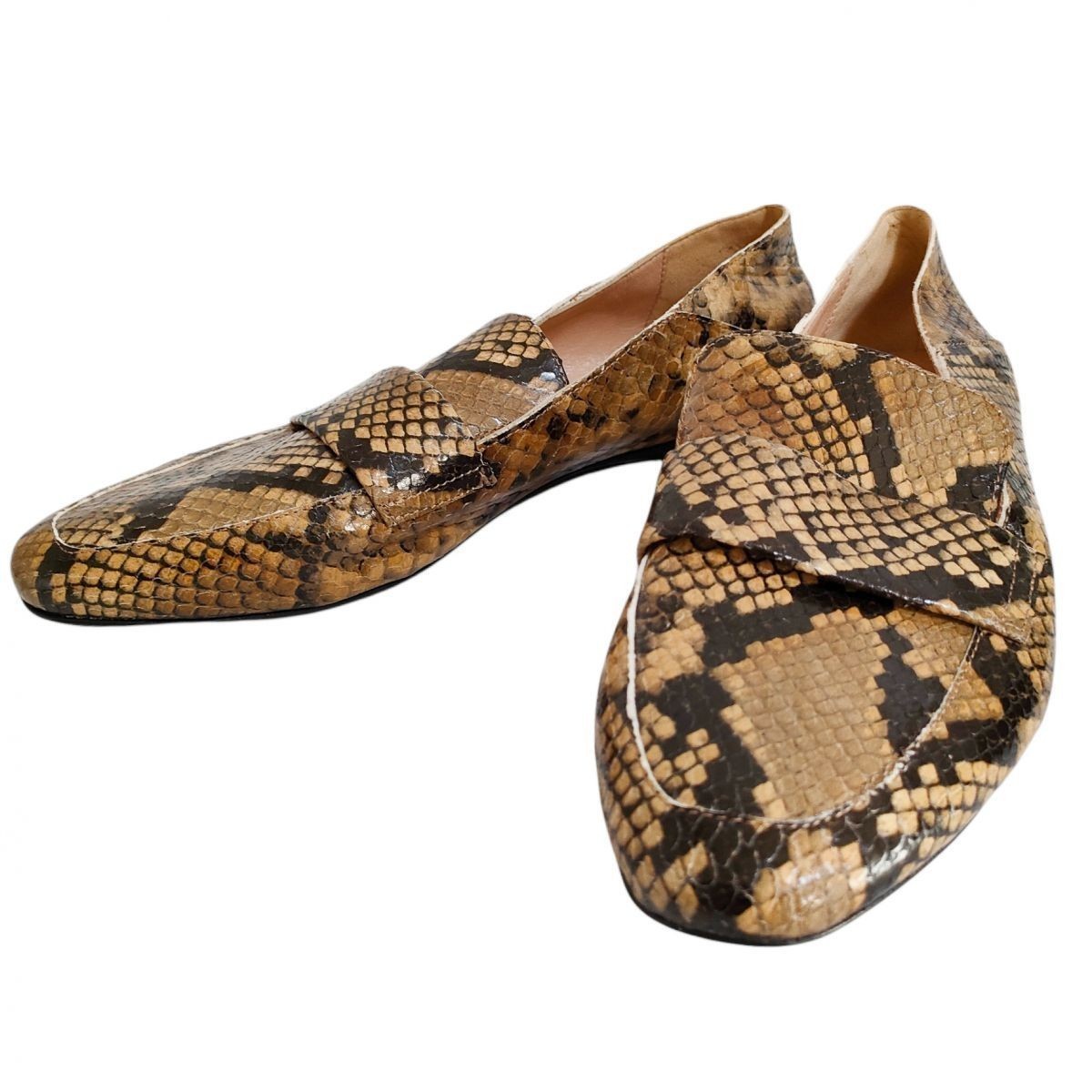 新品 未使用 現行タグ FABIO RUSCONI ファビオルスコーニ パイソン柄 ローファー バブーシュ パンプス 38 24.5cm～25cm ブラック×ブラウン