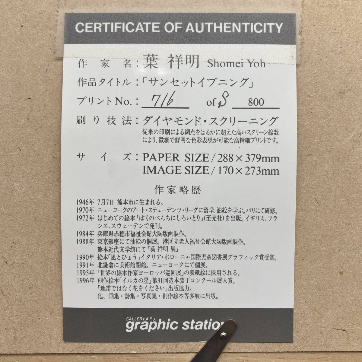 額装『葉祥明 サンセットイブニング エディション 716/S800
