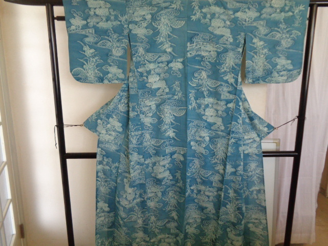 D123-80 正絹 絽 藍染 広襟 流水菖蒲燕子草花文 昭和レトロ
