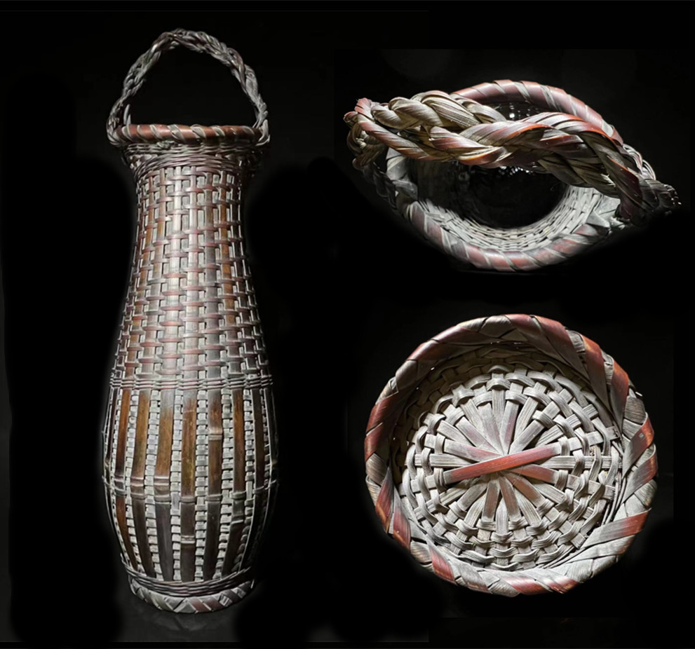 日本竹編花器大竹編花籃手工竹編提梁花籃花入竹編花籃七層竹條擰 花器 