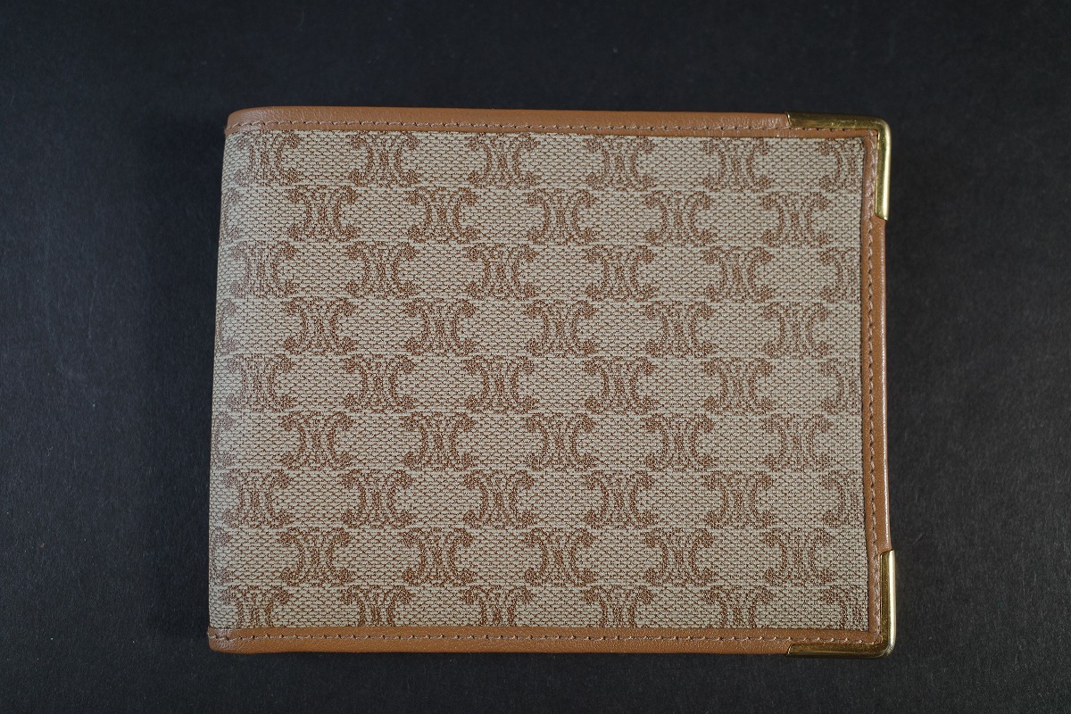 美品 CELINE セリーヌ マカダム柄 PVC×レザー ゴールド金具 二つ折り 財布 ウォレット メンズ ブラウン系 薄型 スリム シンプル セリーヌ マカダム柄 CELINE 黒 極美品 GB3596