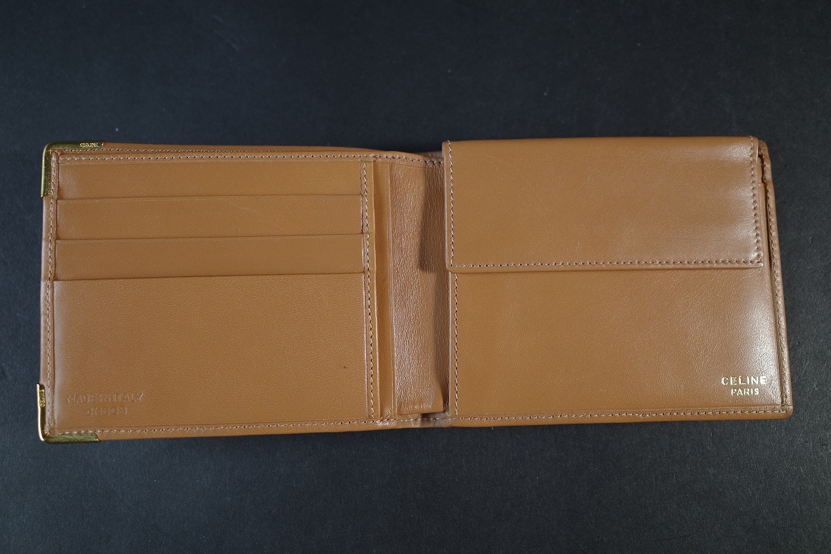 美品 CELINE セリーヌ マカダム柄 PVC×レザー ゴールド金具 二つ折り 財布 ウォレット メンズ ブラウン系 薄型 スリム シンプル セリーヌ マカダム柄 CELINE 黒 極美品 GB3596