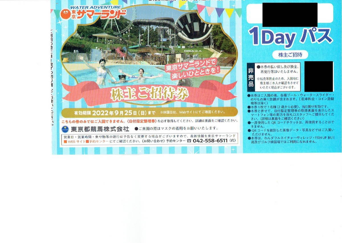 招待券(1DAYパス)×6枚 東京都競馬(東京サマーランド) 株主優待 引き寄せ 