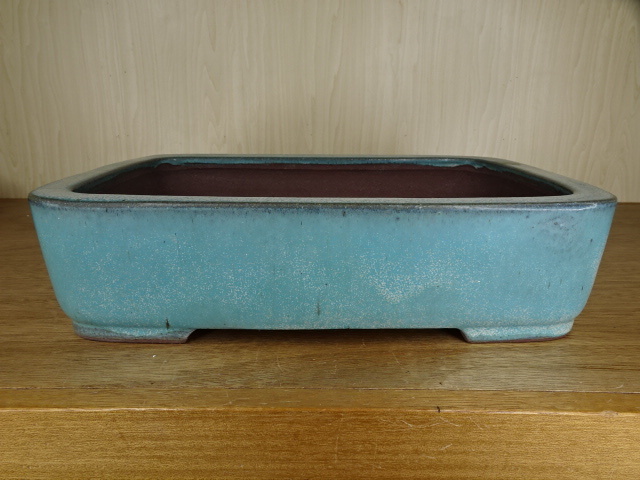 角山 青緑釉窯変切立内縁撫角切足長方鉢 横40.8