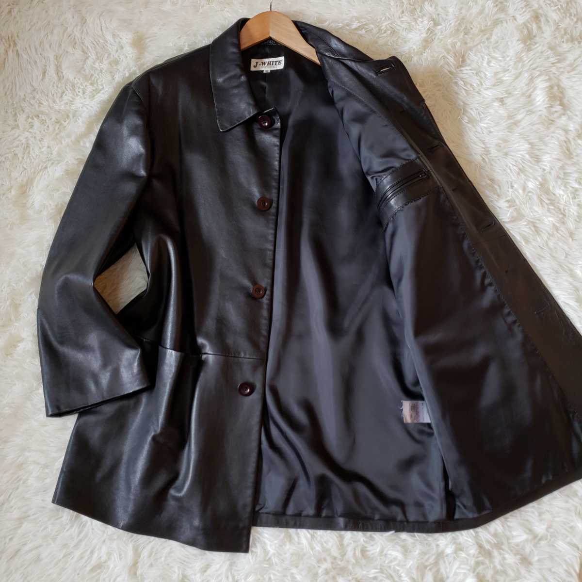 J-WHITE【美品 漂う高級感 超希少サイズ XL】レザーコート ラムレザー 羊革 レザージャケット ステンカラーコート 比翼仕立 黒 ブラック