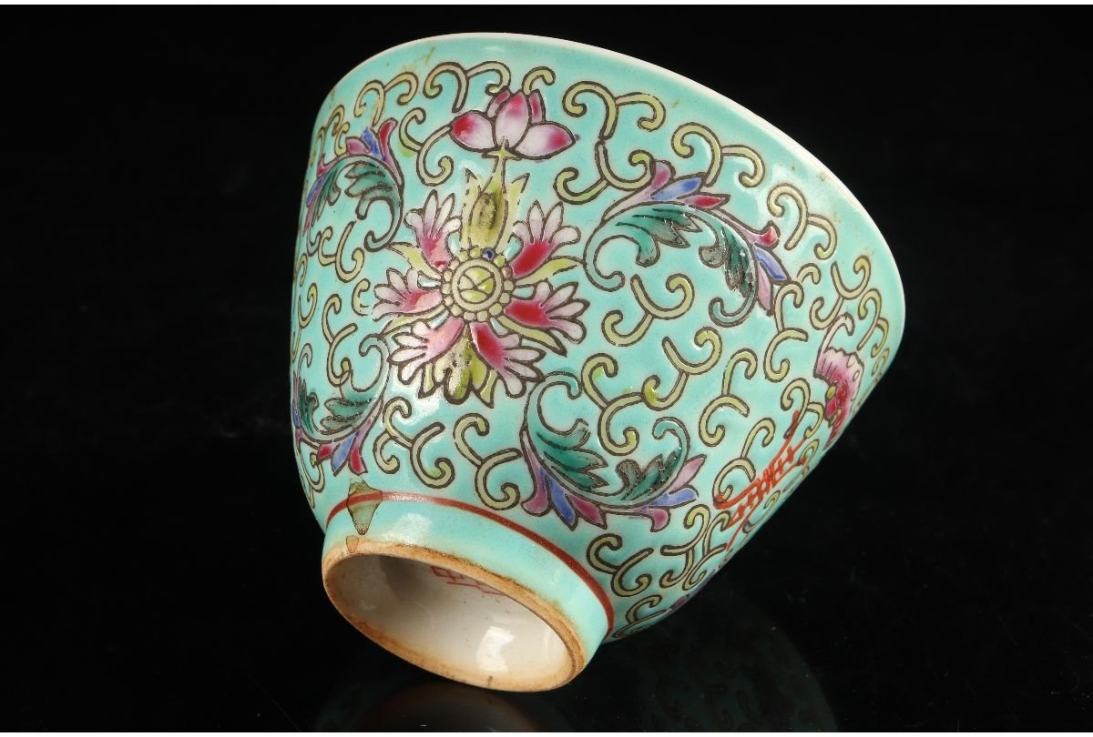 URA]中国景徳鎮製/粉彩花唐草文煎茶碗5客/4-7-