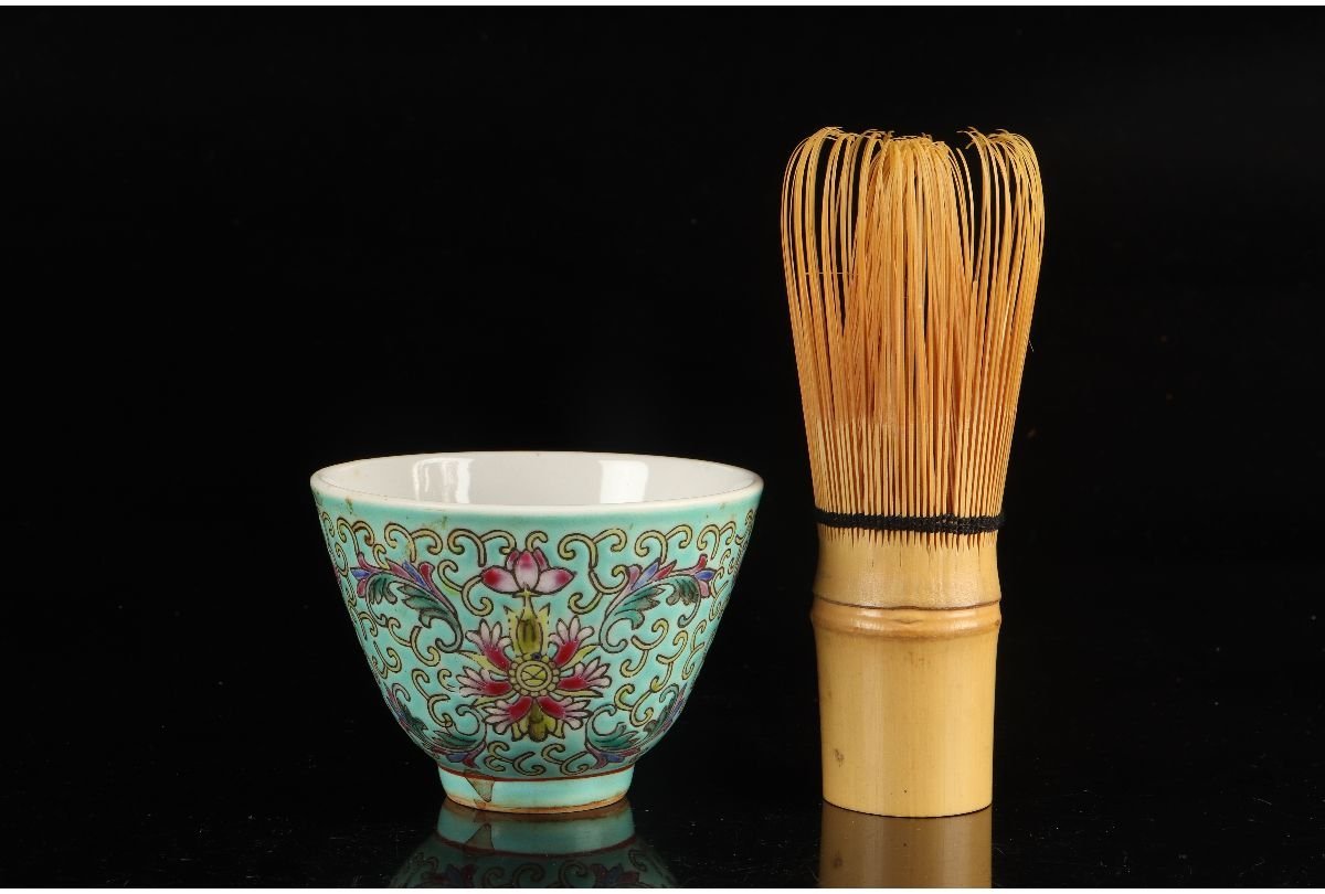 URA]中国景徳鎮製/粉彩花唐草文煎茶碗5客/4-7-124(検)骨董/茶碗/茶器