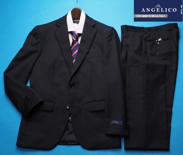 新品8万円 大手百貨店扱い 秋冬『ANGELICO アンジェリコ イタリア製生地』ウール100% ストライプ スーツA5濃紺(20) 28158220 ラスト1点