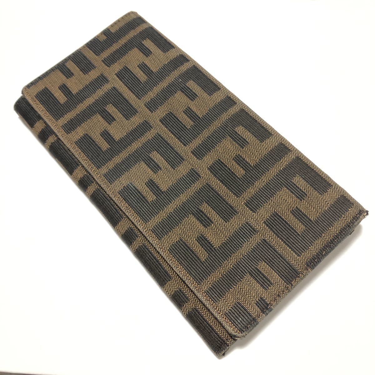 フェンディ FENDI 長財布 折財布 キャンバス×レザー ズッカ柄 茶