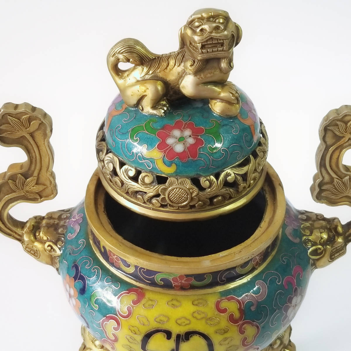 旧蔵】中国古玩 清王朝 乾隆帝 七宝 景泰藍 真鍮香炉（H）：26CM 