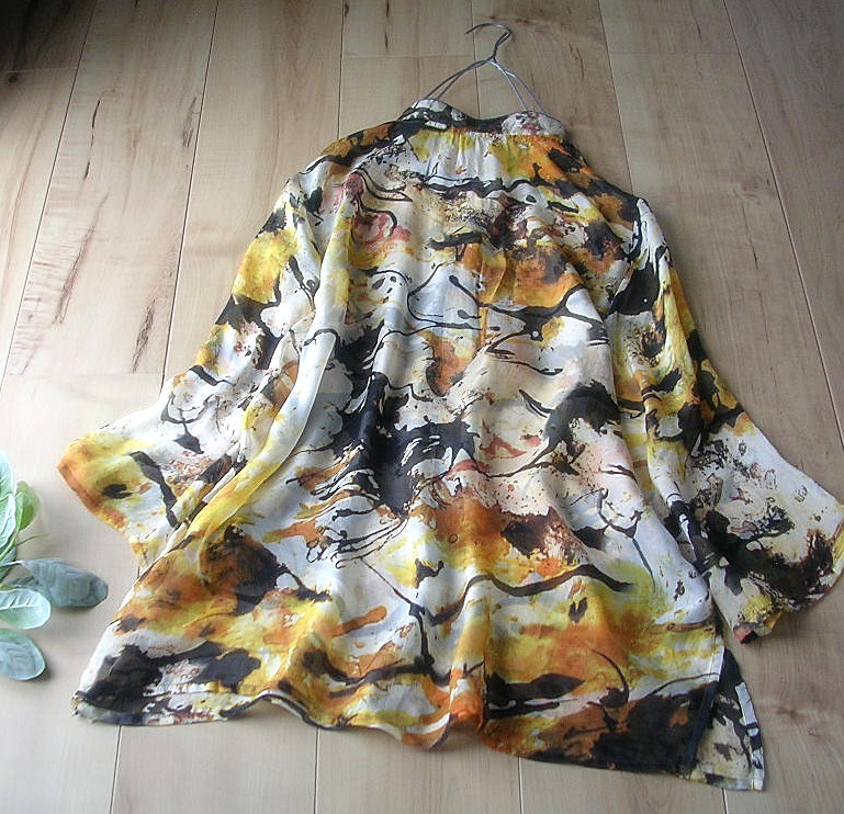 ☆M&S☆シルク絹100グラフィカル羽織オーバーブラウスYe大きめゆったり | InDream オーガンジー 0 ニットフリル羽織ロング（ダークブラウン）SAK-FHANL 暮らす仙台