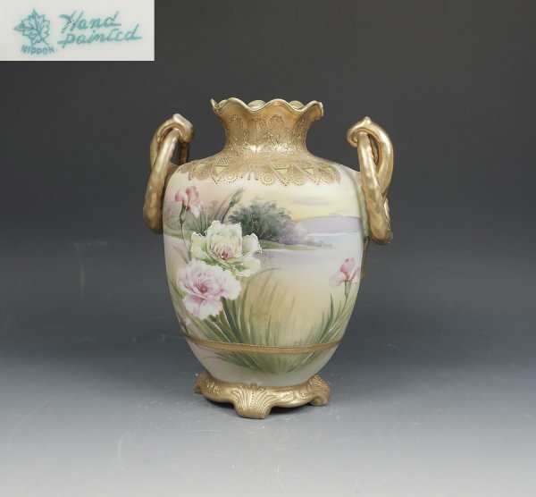 オールドノリタケ Hand Painted 1891~1915年代頃 金彩 花瓶 風景画