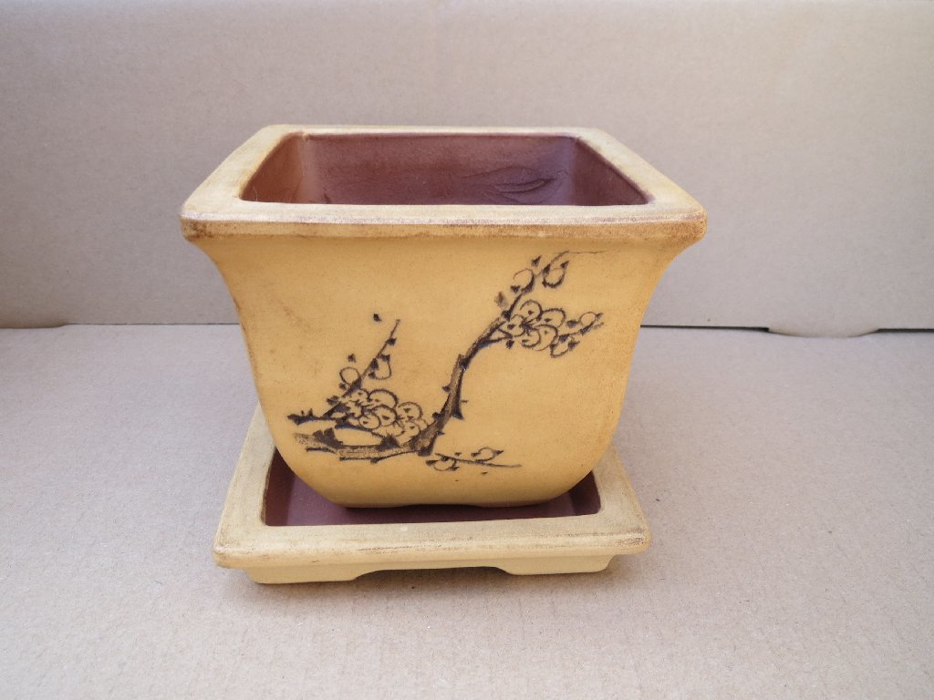 8-2 角型植木鉢 三種類 土色 3点 柄、絵入り 小盆栽などに 中古品に