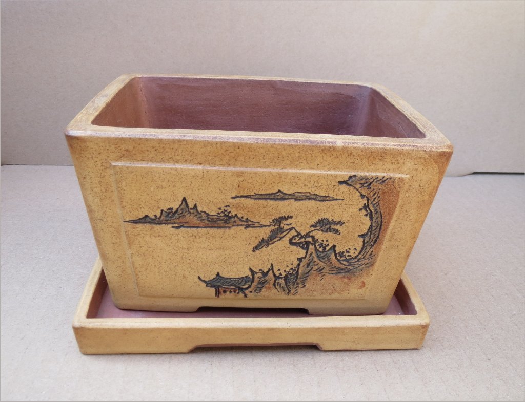 8-2 角型植木鉢 三種類 土色 3点 柄、絵入り 小盆栽などに 中古品に