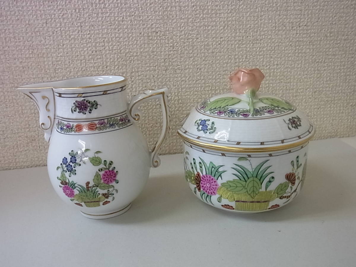 140513H06-0807H-A13□HEREND□ヘレンド　インドの華　多彩色　ミルクポット＆シュガーポット　金彩　花柄