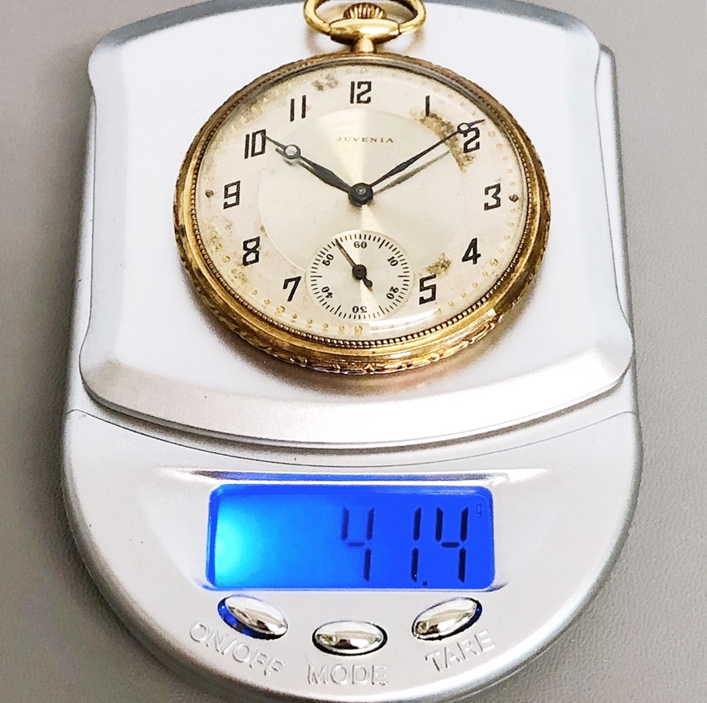 JUVENIA 懐中時計、動作せず、ジャンク、重量約72g（チェーン含む） 14K】JUVENIA ジュべニア 手巻き 16石 アンティーク 懐中時計 総重量