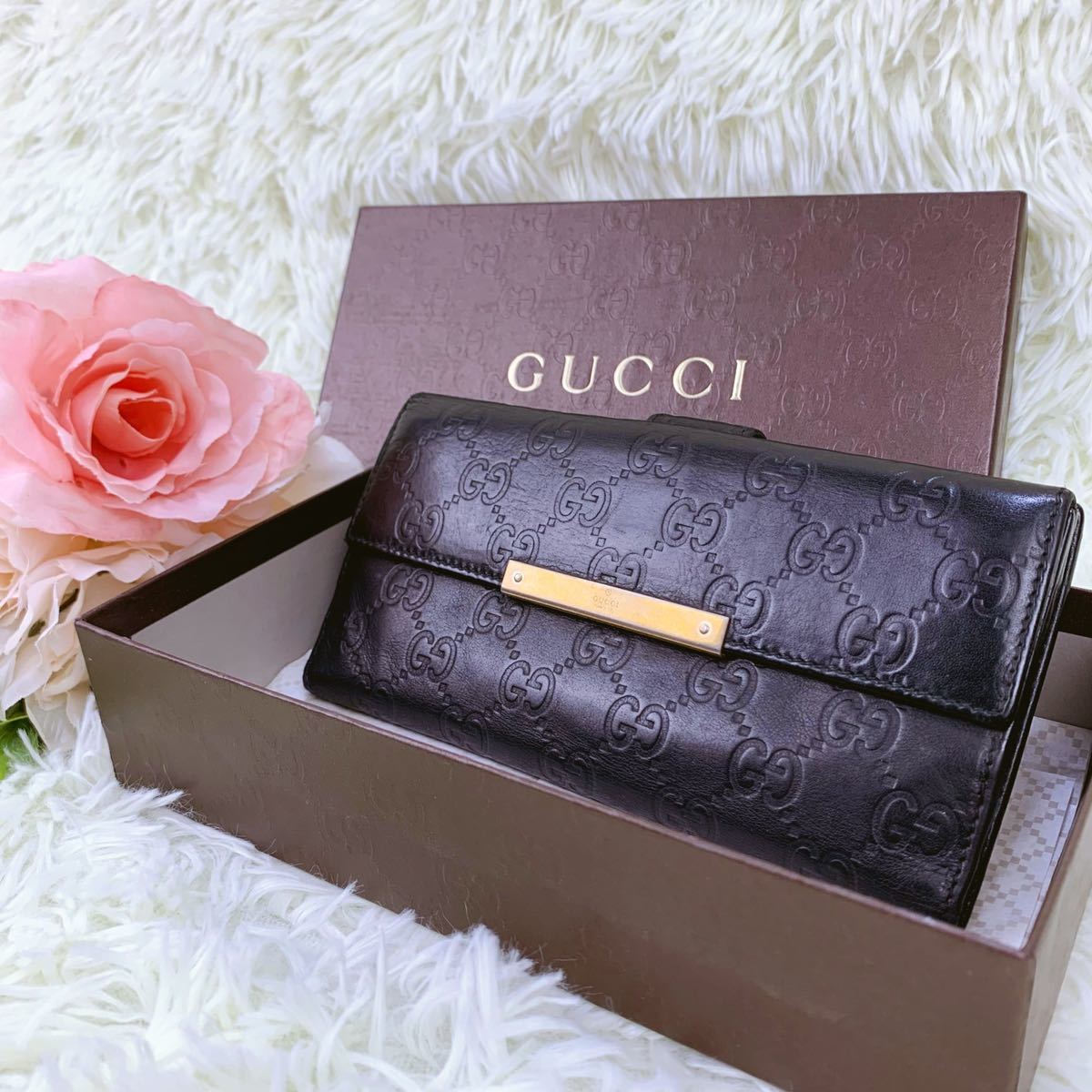 グッチ GUCCI 長財布 二つ折り シマ Wホック - レザー ロゴ金具 総柄