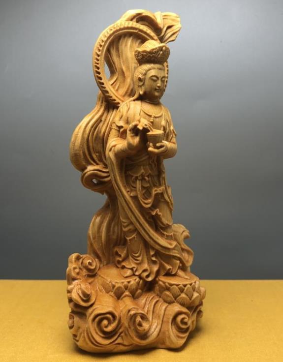 人気美品☆仏教工芸品 木彫仏像 観音菩薩像 置物 .