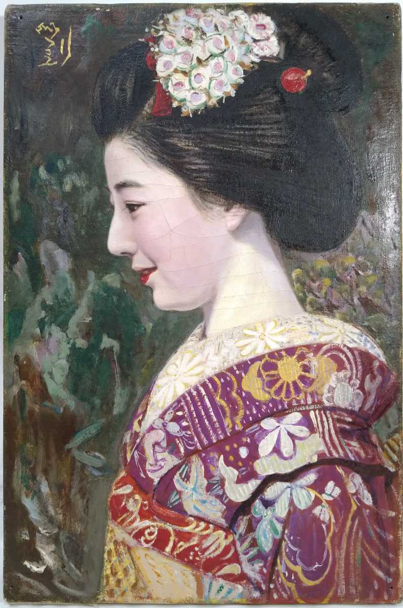 △彩国△ 岸田劉生 写実【舞妓】肉筆 油彩画 裏書 直筆サイン 書き込み
