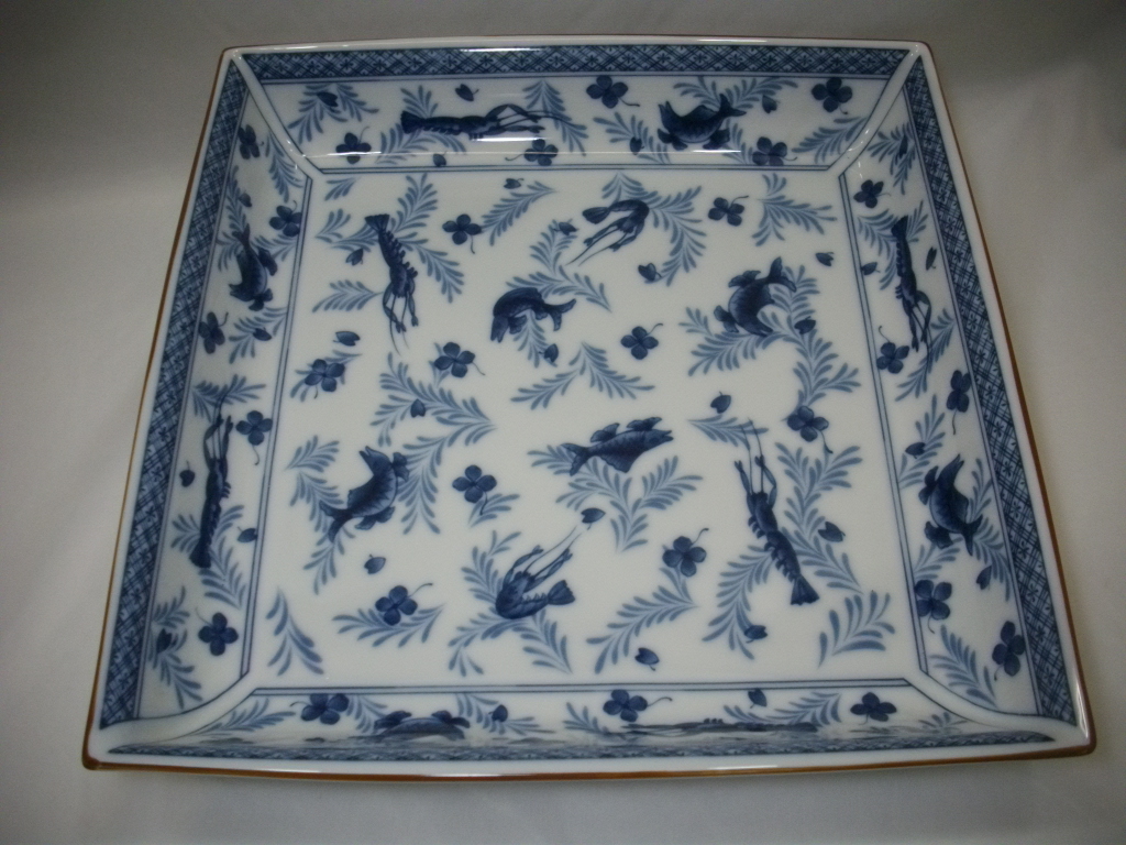 美USED品 橘吉 たち吉 遊漁 角盛鉢 角皿 約26.5×26.5×5cm 和食器
