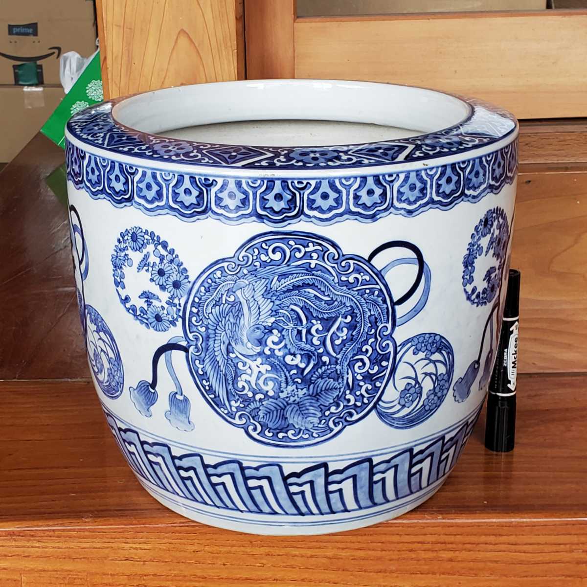 直径30cm 陶磁器 伊万里 有田焼 染付け山水鳳凰紋 火鉢 //検索 古民具 睡蓮