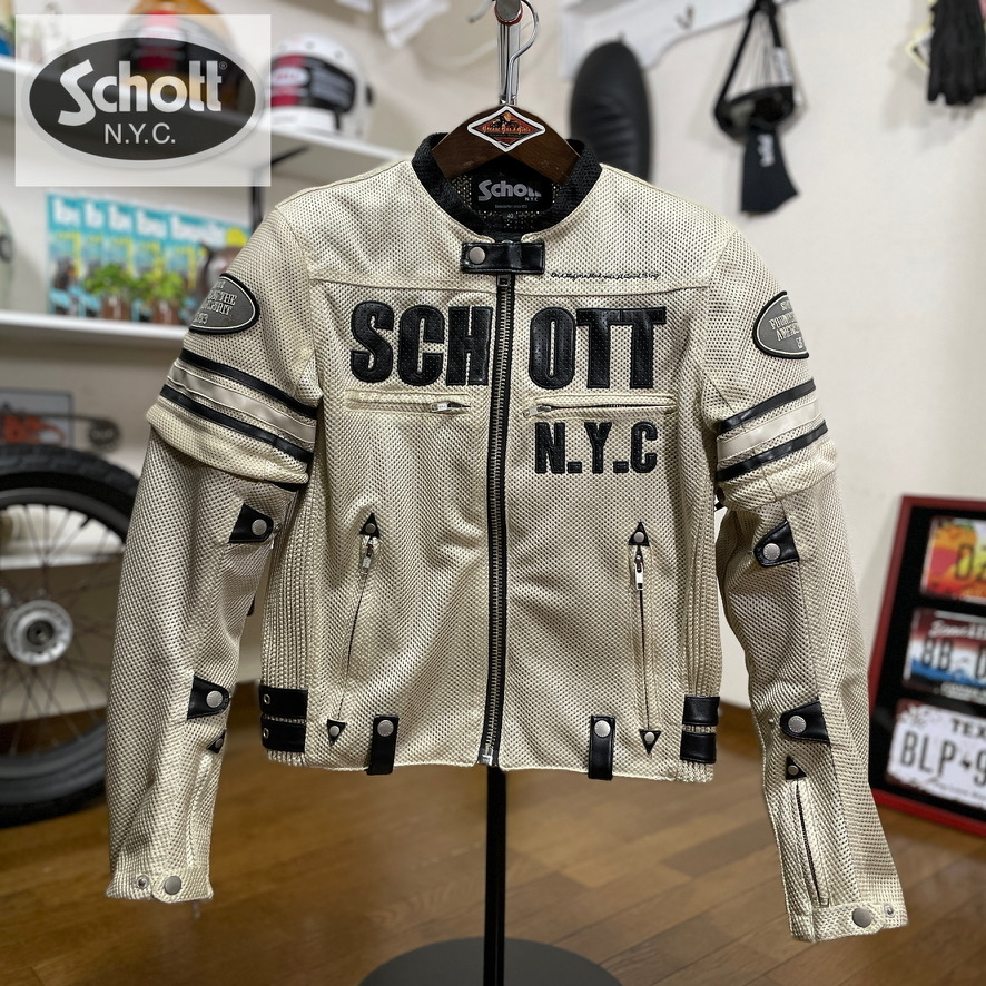 超美品☆Schott ショット 袖取り外し式 メッシュジャケット オフホワイト/40（L相当）3点プロテクター シングルライダース schott ショット（ジャケット｜バイクウェア Schott 夏100選5%オフ オートバイ専用設計 ライナー