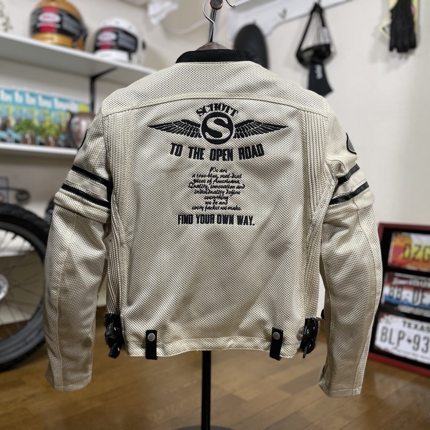 超美品☆Schott ショット 袖取り外し式 メッシュジャケット オフホワイト/40（L相当）3点プロテクター シングルライダース schott ショット（ジャケット｜バイクウェア Schott 夏100選5%オフ オートバイ専用設計 ライナー