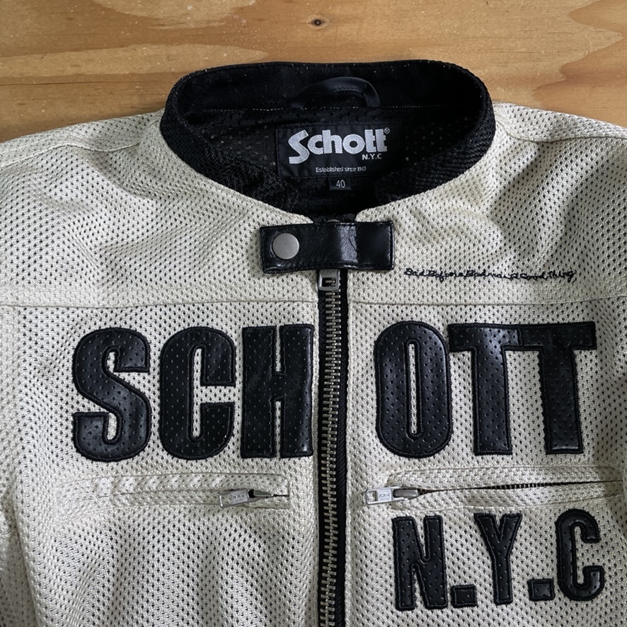 超美品☆Schott ショット 袖取り外し式 メッシュジャケット オフホワイト/40（L相当）3点プロテクター シングルライダース schott ショット（ジャケット｜バイクウェア Schott 夏100選5%オフ オートバイ専用設計 ライナー