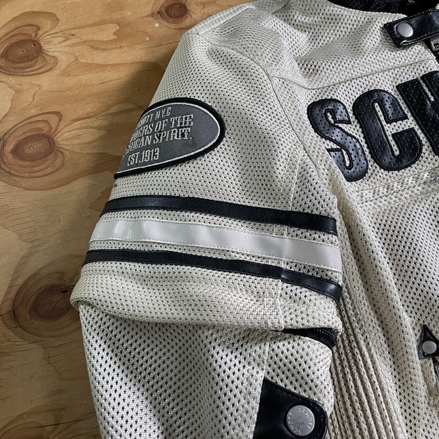 超美品☆Schott ショット 袖取り外し式 メッシュジャケット オフホワイト/40（L相当）3点プロテクター シングルライダース schott ショット（ジャケット｜バイクウェア Schott 夏100選5%オフ オートバイ専用設計 ライナー