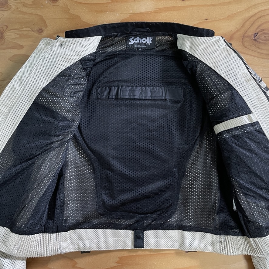 超美品☆Schott ショット 袖取り外し式 メッシュジャケット オフホワイト/40（L相当）3点プロテクター シングルライダース schott ショット（ジャケット｜バイクウェア Schott 夏100選5%オフ オートバイ専用設計 ライナー